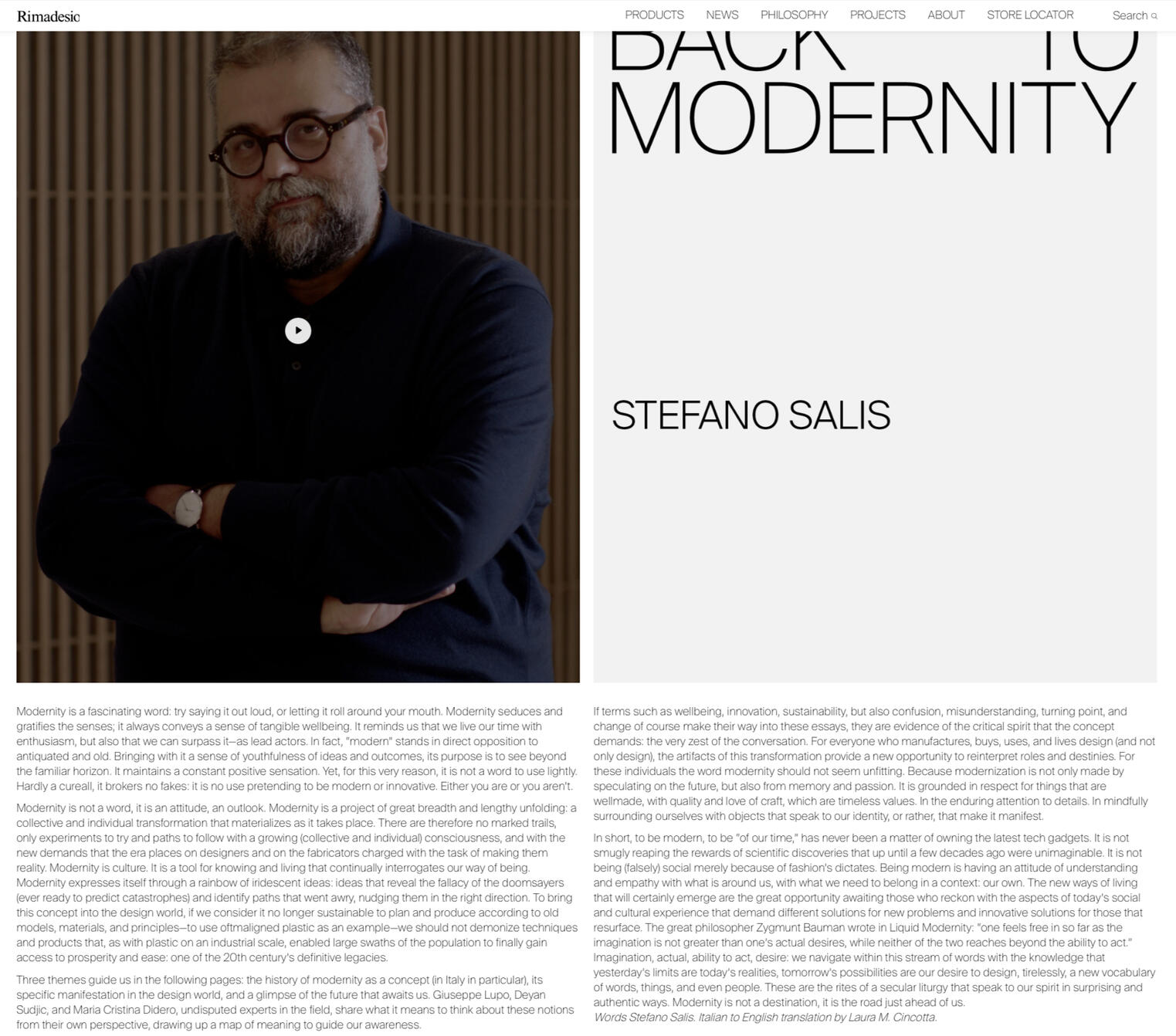 Italian to English translation of Back to Modernity by Stefano Salis in Rimadesio Design Journal