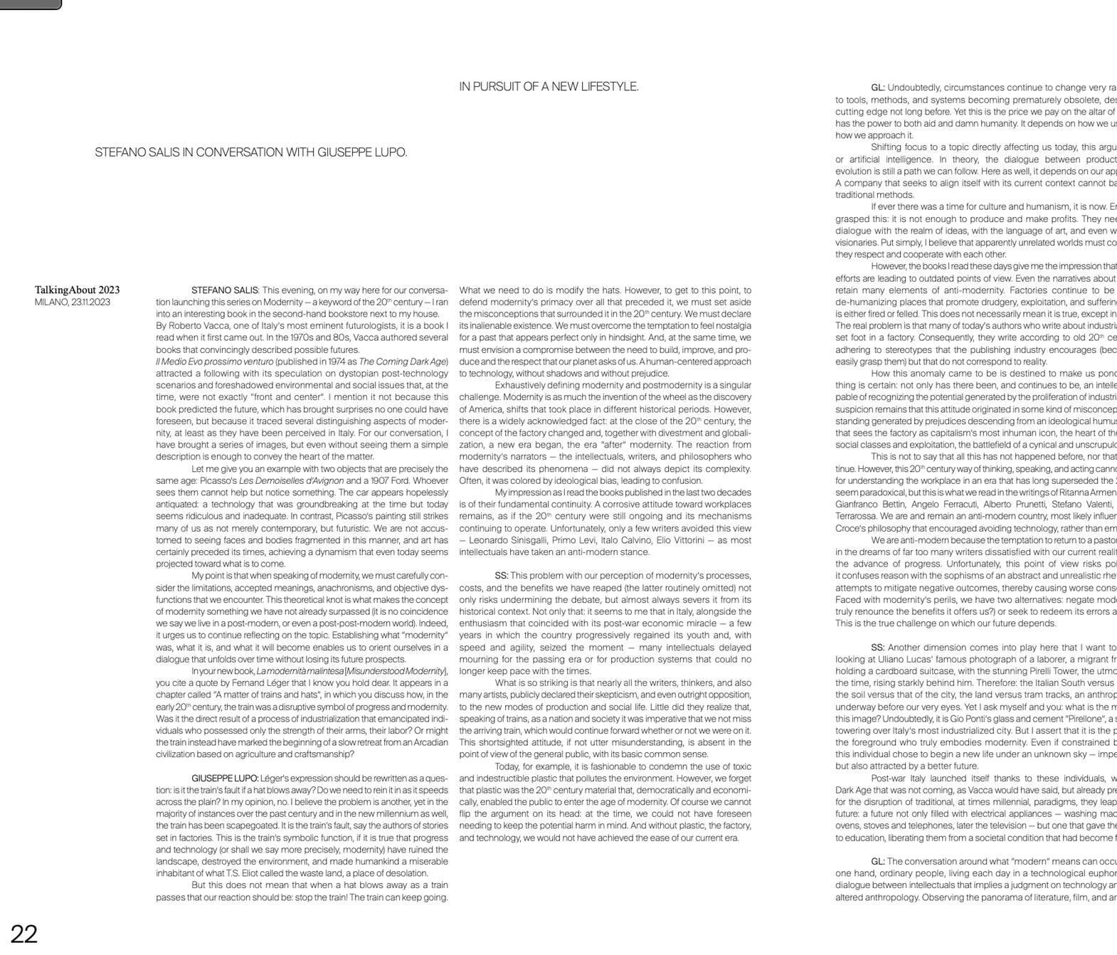 Italian to English translation of In Pursuit of a New Lifestyle: Stefano Salis and Giuseppe Lupo in conversation, Rimadesio Design Journal, 2024, pg 22-23