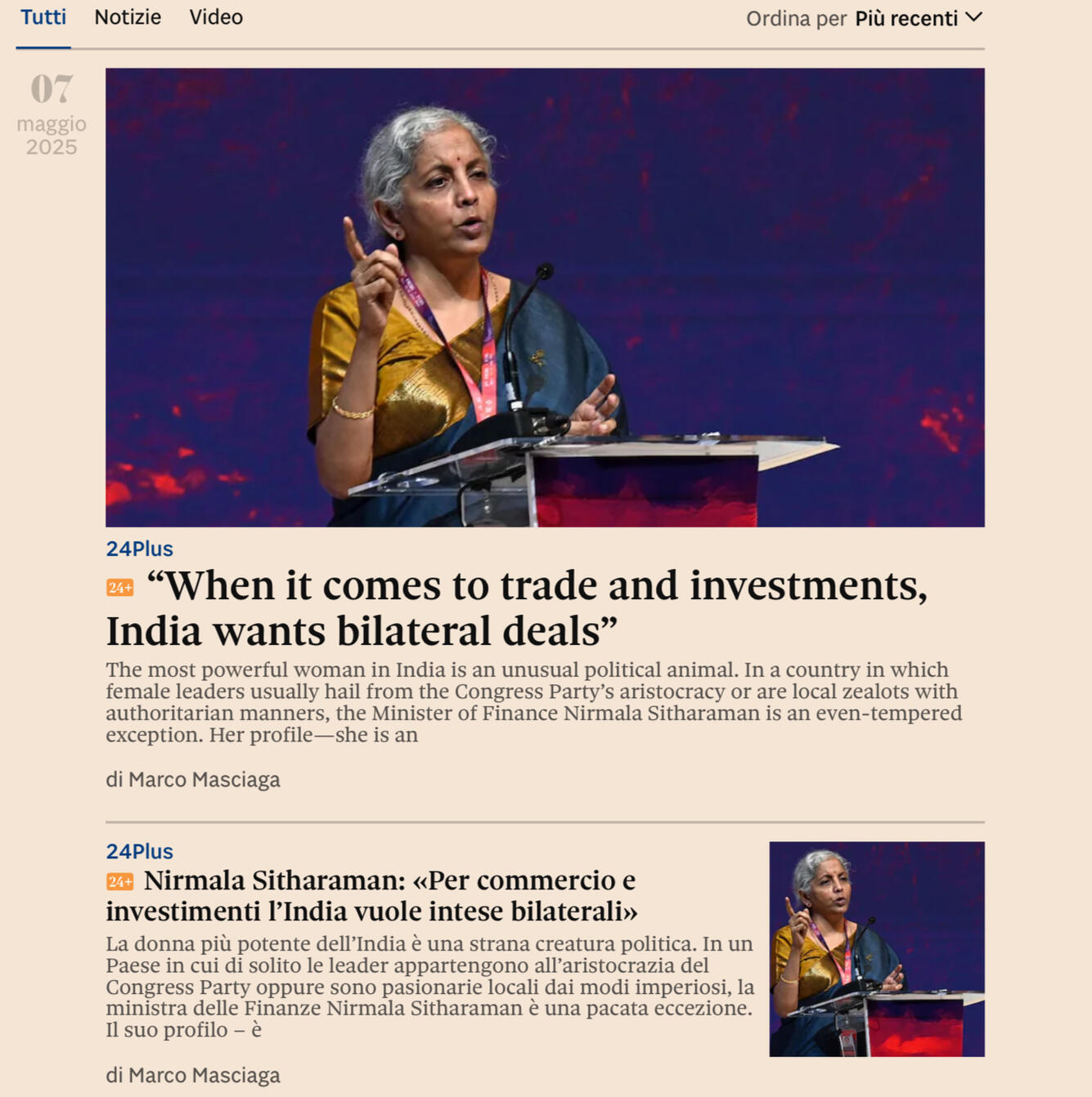 Marco Masciaga interviews Indian Finance Minister Nirmala Sitharaman. Translation by Laura M. Cincotta. Il Sole 24 Ore, 7 May 2025